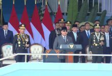 Presiden Prabowo Subianto menghadiri upacara peringatan HUT Bhayangkara ke-80 di Satlat Brimob Cikeas, Bogor, Jawa Barat, Rabu (1/7).
